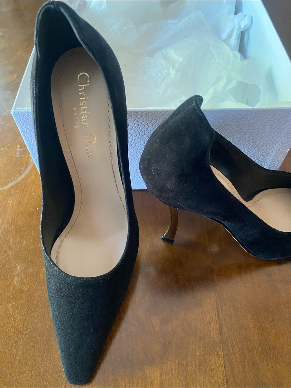 Dior Black Suede Pointed-Toe Stiletto Heels with Gold Heel - Picture 2 of 15